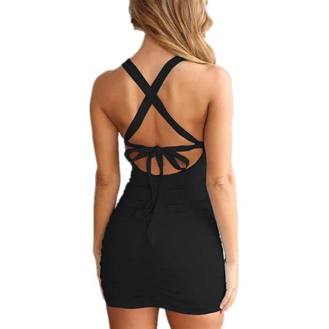 Sexy Backless Cross Bandage Mini Dress Women Solid Ruched Sleeveless Hollow Out Lace Up Bow