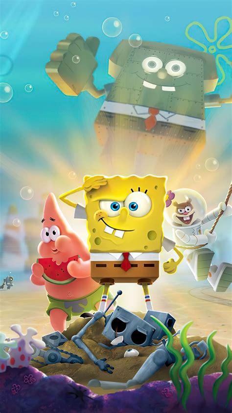 The Spongebob Movie Poster Is Shown With Characters In Front Of An