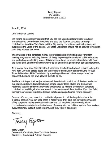 Senator Gipson Sends Letter To Governor Ethics Reform Now