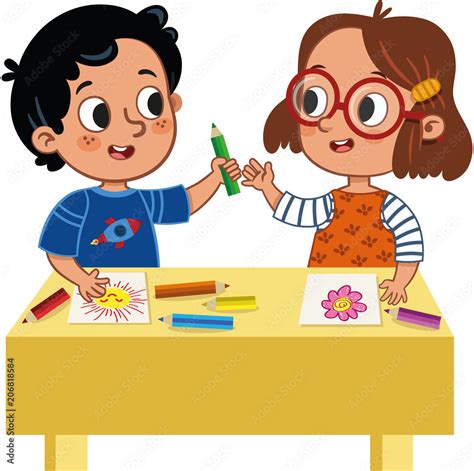 Two Cute School Children Sharing Colored Pencils Vector Illustration