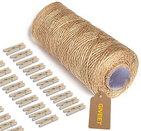 Giveet 328 Feet Natural Jute Twine And 100 Pieces Mini Clothespins