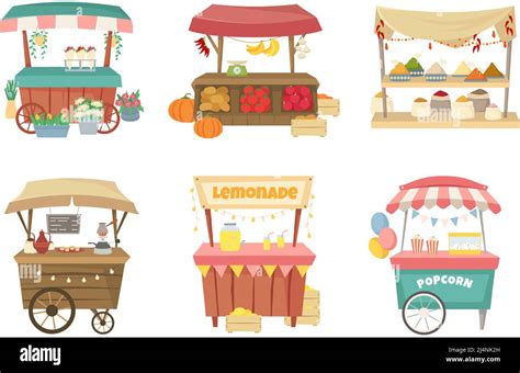 Outdoor Market Stalls Grocery Street Fair Local Flowers Stall And Coffee Point Vector