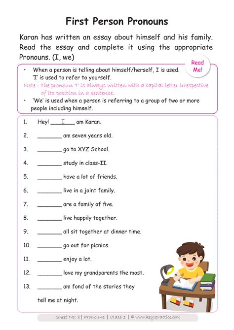 A collection of english esl worksheets for home learning, online practice, distance learning and english classes to teach about grade, 1, grade 1 | page 2. English Worksheets Grade 1 Chapter Pronouns - key2practice Workbooks