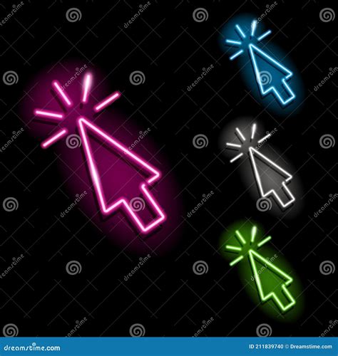 Set Of Neon Mouse Cursor Click Icons In Four Different Colours Isolated