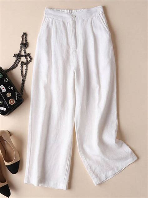Solid Pockets Elastic Linen Casual Straight Pants Anniecloth