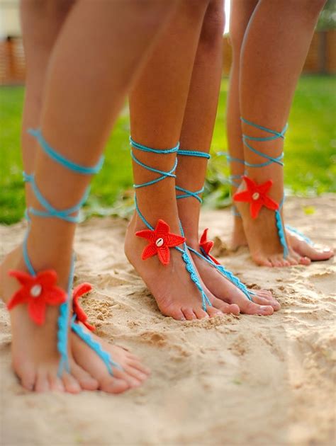 Coral And Aqua Starfish Seashells Crochet Barefoot Sandals