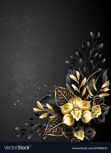Composition Of Gold Jewelry And Two Black Orchids With Ornamental