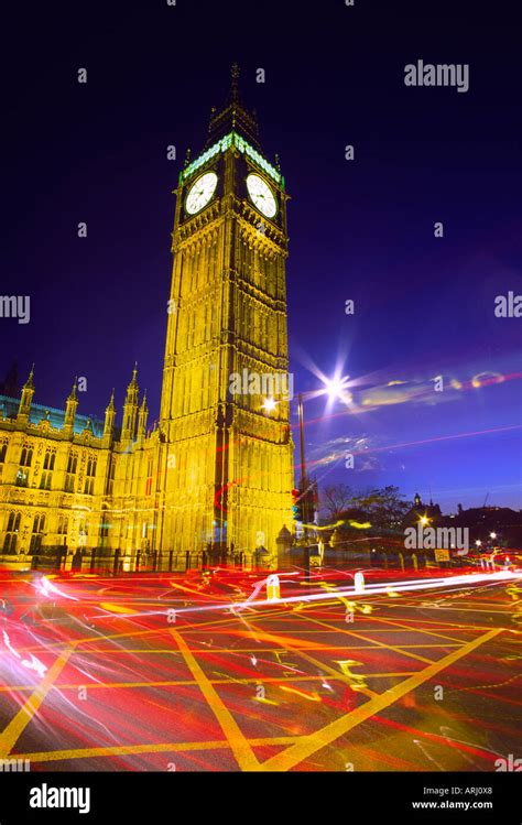 Dusk Traffic Trails Past Big Ben In London City England Uk This