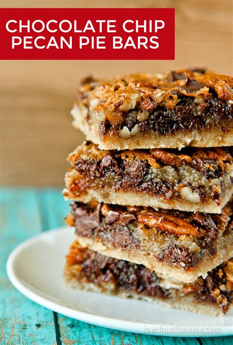 These pecan pie bars have caramelized topping on a shortbread crust, for the perfect nut bar. Chocolate Chip Pecan Pie Bars • Love From The Oven