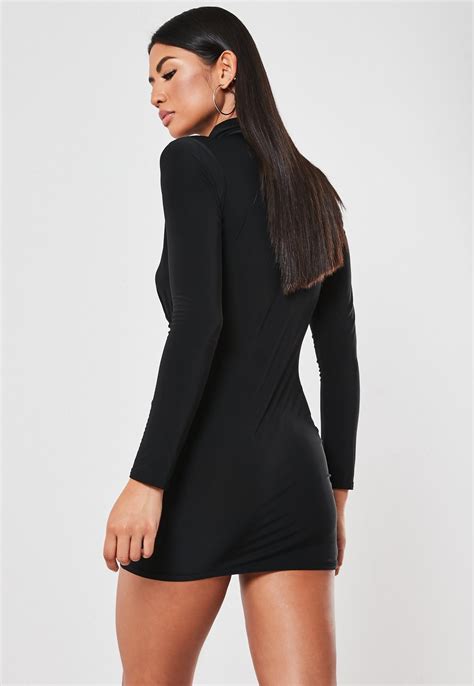 Petite Black Slinky High Neck Ruched Mini Dress Missguided