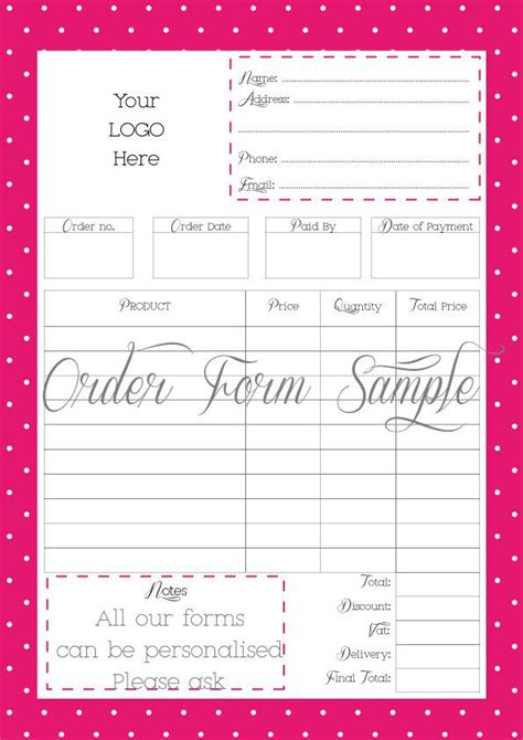 Order Form Printable Order Form Work At Home Pdf File Personalised With Your Logo Office
