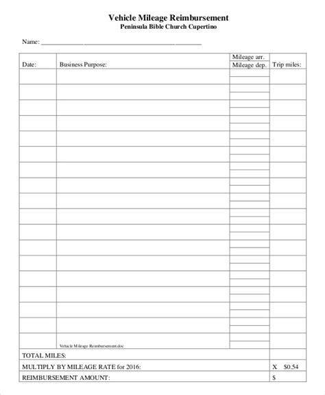mileage reimbursement form   sample