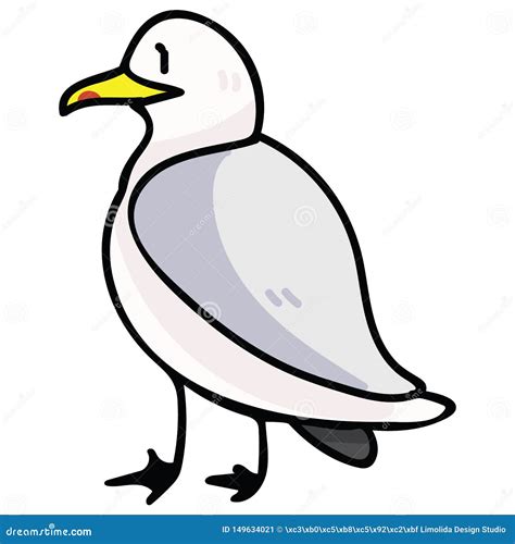 Standing Seagull Monochrome Line Art Cartoon Vector Illustration Motif