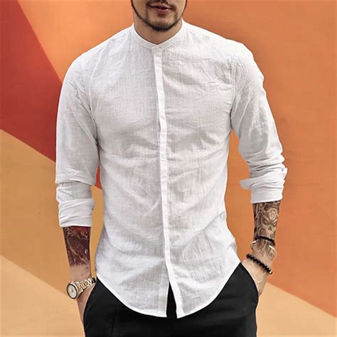 quality of service men s cotton linen shirts long sleeve men casual slim mandarin collar shirts