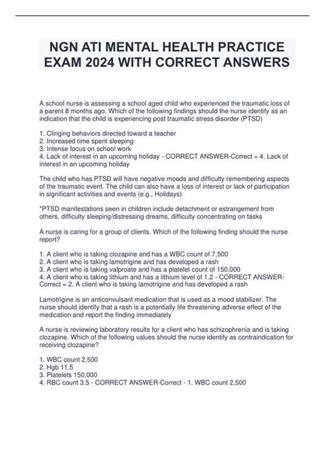 NGN ATI MENTAL HEALTH PRACTICE EXAM 2024 WITH CORRECT ANSWERS - NGN ATI