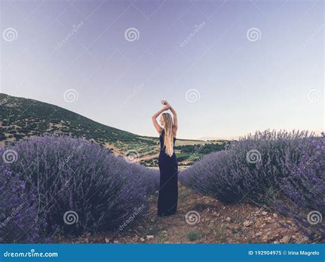 Backside View Of Blonde Caucasian Woman In Lavender Field Stock Image Image Of Romance
