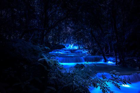 Beautiful Waterfall Nature Scenery Of Colorful At A Night Deep Tropical