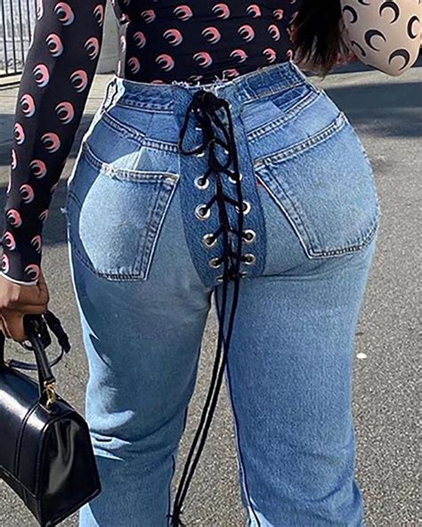 Eyelet Lace Up Back High Waist Jeans
