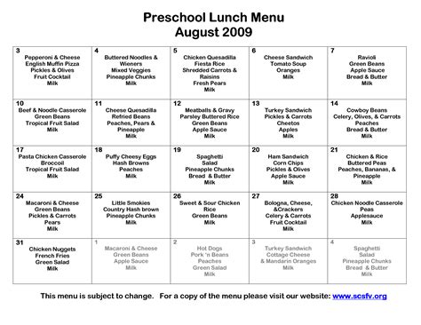 Preschool Lunch Menu Template Daycare Menu School Lunch Menu