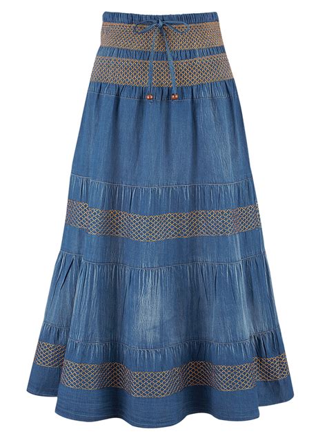 Womens Tiered A Line Denim Boho Prairie Skirt Large Denim