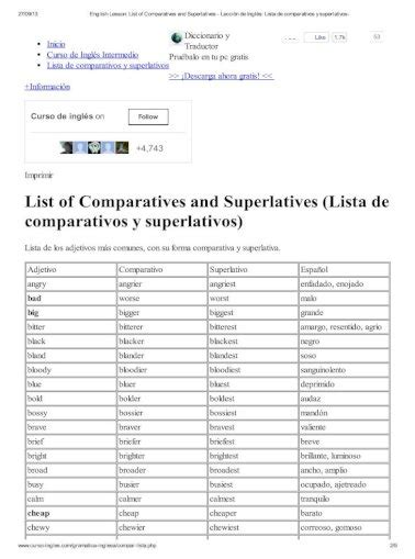 Lista De Adjetivos Irregulares En Ingles Y EspaÃ±ol Uno