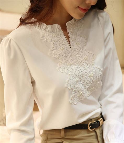 Good Quality Spring Autumn White Blouse Chiffon Shirt Women Lace