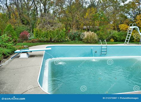 Backyard Swimming Pool With Diving Board And Ladder Emptied Out
