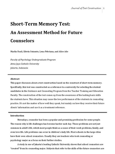 Short Term Memory Test An Assessment Method For Future Counselors