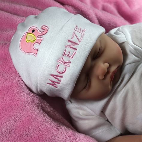 Personalized baby girl hat with pink elephant appliqué - micro preemie ...