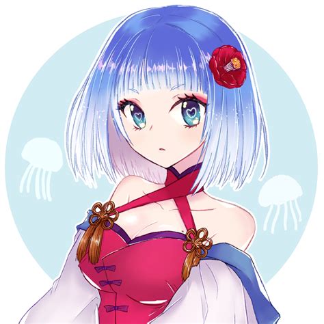 Safebooru 1girl Akatsuki Kurage Blue Hair Breasts Eyebrows Visible Through Hair Flower Heart