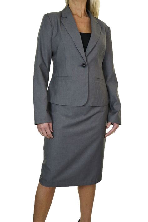 Elegant Dark Gray Office Uniform Skirt Suit Autumn Full Sleeve Blazer Jacket Skirt 2 Pieces