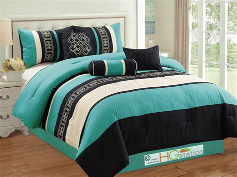 7 Pc Greek Key Meander Motif Embroidery Pleated Comforter Set Turquoise