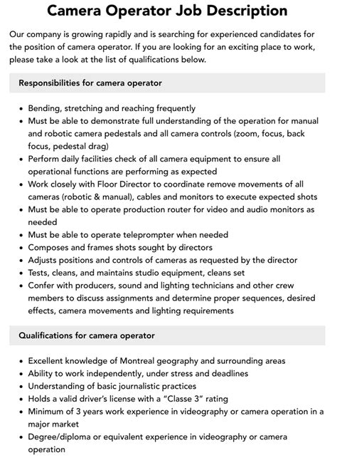 Camera Operator Job Description Velvet Jobs