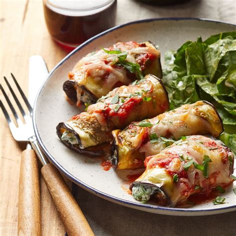 Eggplant involtini stuffed with herby ricotta filling baked in rich tomato sauce is a delicious vegetarian dish, perfect for dinner. Eggplant Lasagna Rolls Recipe - EatingWell
