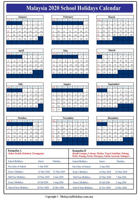 2021 School Holidays In Malaysia Calendar Template Printable