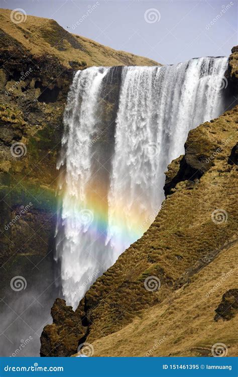 Rainbows At Skogafoss Waterfall In Iceland Stock Image Image Of