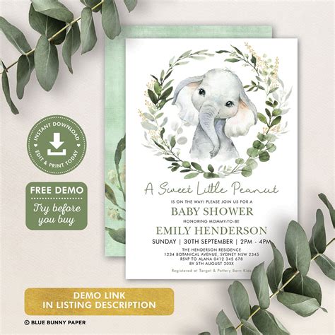Greenery Elephant Baby Shower Invitation Elegant Green Gold Etsy