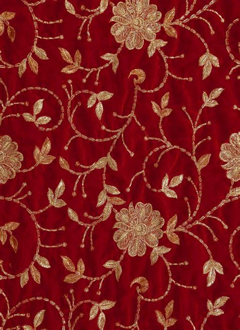 Buy Red N Gold Embroidered Velvet Fabric Embroidered Blended