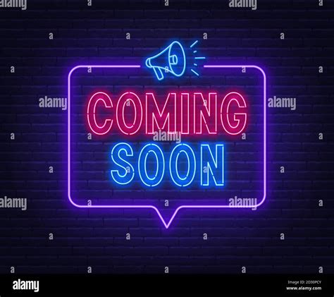Coming Soon Neon Sign In Speech Bubble Frame With Megaphone Stock