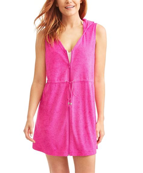 Time And Tru Womens Zip Front Hooded Terry Swim Cover Up Walmart