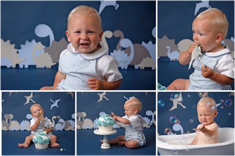 When you book a cake smash session, you will bring your little one to my studio where we'll get them all set up for the session. baby cake smash near me blue dinosaursby Samphire Photography