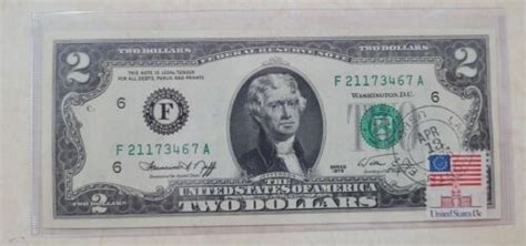 Uncirculated First Day Issue Us 2 Dollar Bill Stamped Postmarked April