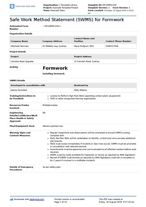 Formwork Safe Work Method Statement Free Formwork SWMS
