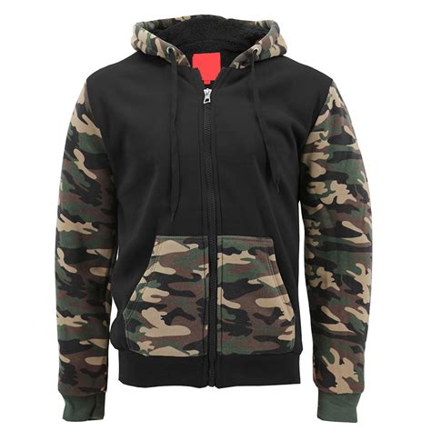 Mens Army Camo Zip Up Hoodie Sherpa Fleece Lining Sweater Jacket Black