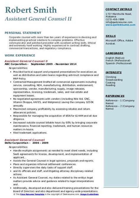 10 assistant manager resume examples complete guide. Assistant General Counsel Resume Samples | QwikResume