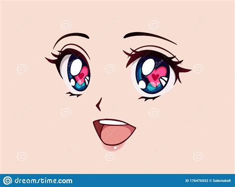 Happy Anime Face Manga Style Big Blue Eyes Little Nose And Big Kawaii