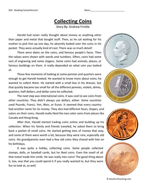 Practice and develop maths, english, science, evs, language reading grammar and writing skills using our free printable worksheets | schoolmykids. Reading Comprehension Worksheet - Collecting Coins