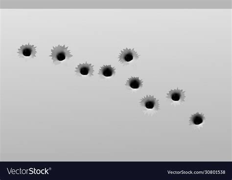 Realistic Gun Bullet Holes Set On Grey Metal Wall Vector Image