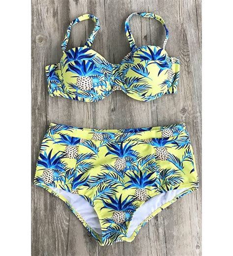 Fashion Womens Pineapple Printing High Waisted Swimsuit Bikini Set