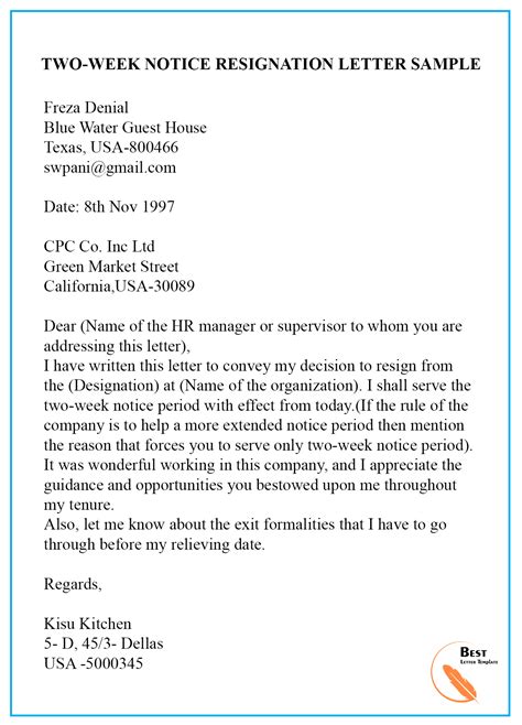 This letter is called 'a two weeks notice letter' or 'a resignation letter' in which you inform your company that you are leaving and give two weeks notice for quitting. 2 Week Notice Letter Template - Letter